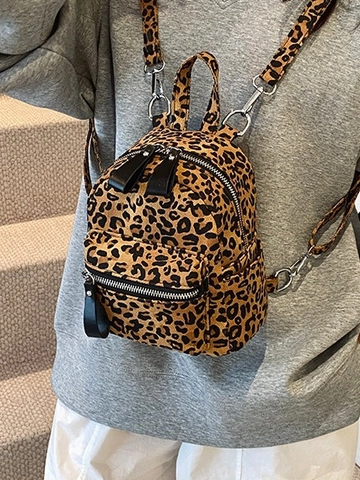 Mini Sac à Dos de Mode pour Femmes Imprimé Léopard Décontracté Voyage en Cuir PU Petit Daypack Avec Décoration de Nœud