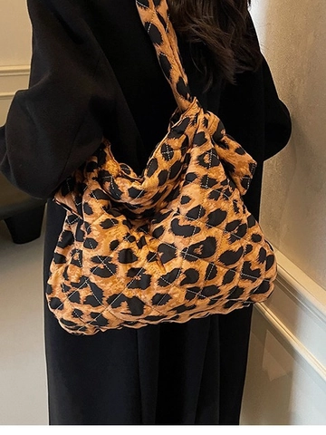 Damen Gesteppte Tragetasche mit Leopardenmuster Große Kapazität Nylon Schultertasche Vielseitige Casual Crossbody Tasche