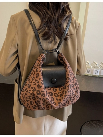 Sac Fourre-tout Femme Grande Capacité en PU et Daim Patchwork Sac à Bandoulière Multifonctionnel Sac à Dos Avec Imprimé Léopard