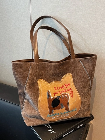 Sac Cabas en Velours Côtelé Femme Grande Capacité Patch Brodé Chat Décontracté Sac à Bandoulière et Sac à Dos Mode