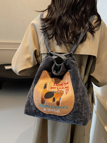 Sac Cabas en Velours Côtelé Femme Grande Capacité Patch Brodé Chat Décontracté Sac à Bandoulière et Sac à Dos Mode
