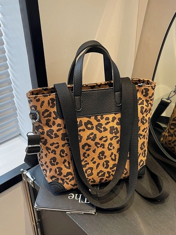 Bolso de Mano de Moda para Mujer con Estampado de Leopardo Gran Capacidad Bolso de Hombro de Franela Color de Contraste