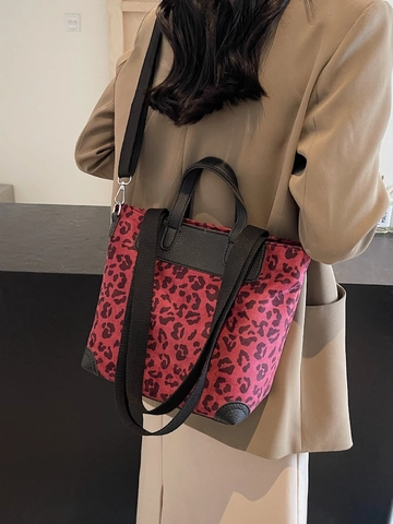 Bolso de Mano de Moda para Mujer con Estampado de Leopardo Gran Capacidad Bolso de Hombro de Franela Color de Contraste
