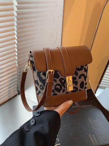 Borsa a Secchiello Leopardata da Donna a Tracolla in Pelle PU con Cuciture a Contrasto Piccola con Chiusura Dorata