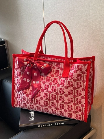 Borsa Tote Jacquard Matrimonio Cinese Doppia Felicità Grande Capacità Borsa a Mano in Tela Con Fiocco Decorativo Per Sposa Donna