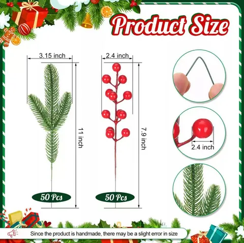 Artificial PE Christmas Pine Needle Branches Red Berries Picks For Christmas Tree Winter Floral Arrangement Home Decor