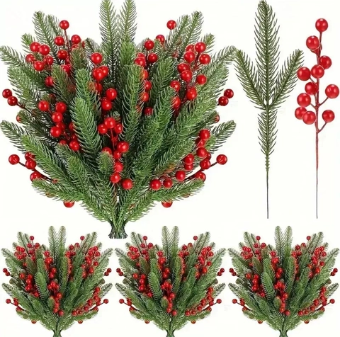 Artificial PE Christmas Pine Needle Branches Red Berries Picks For Christmas Tree Winter Floral Arrangement Home Decor