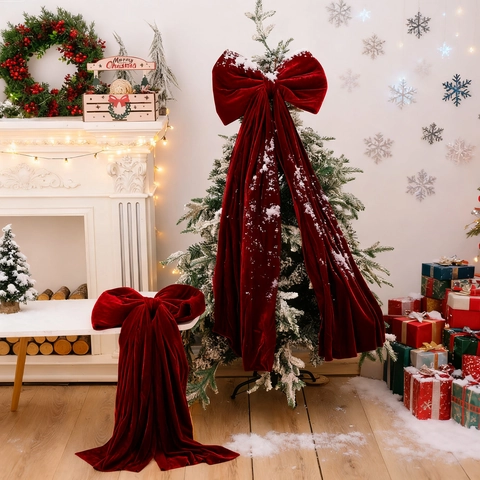 Fiocco Gigante per Albero di Natale in Velluto Con Lunghi Nastri Rosso Borgogna Fiocco Sovradimensionato per Matrimonio Festa