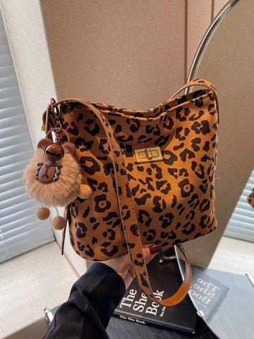Damen Vintage Leopardenmuster PU Leder Beuteltasche Matte Textur Umhängetasche Gold Drehverschluss Mode Schultertasche Mit Plüsch Anhänger