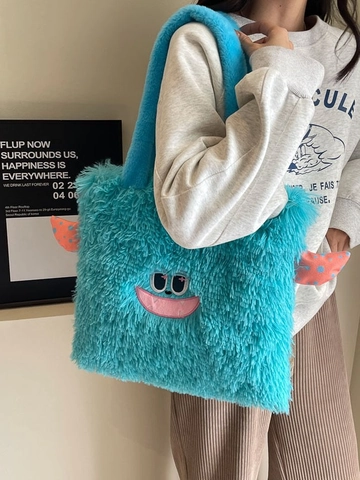 Women Cute Cartoon Monster Plush Tote Bag Faux Fur Large Capacity Shoulder Bag Embroidery Plush Handbag Winter Casual Bag