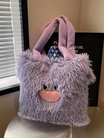 Women Cute Cartoon Monster Plush Tote Bag Faux Fur Large Capacity Shoulder Bag Embroidery Plush Handbag Winter Casual Bag