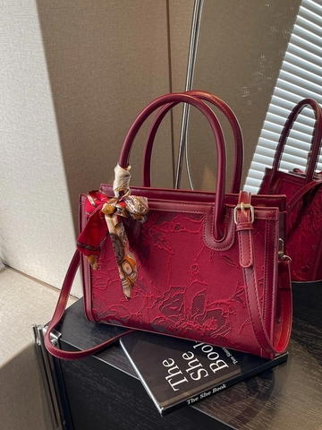 Bolso de Mano Vintage Burdeos Bordado Floral Pañuelo Decoración Cuero Sintético Asa Superior Bolso Mujer Boda Novia Bandolera