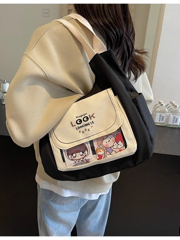 Bolso Tote de Lona para Mujer Gran Capacidad Estilo Japonés Color en Contraste Bolso de Hombro Con Ventana Transparente Compras Escuela