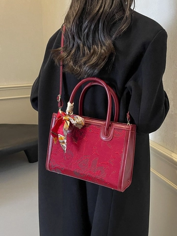 Bolso de Mano Vintage Burdeos Bordado Floral Pañuelo Decoración Cuero Sintético Asa Superior Bolso Mujer Boda Novia Bandolera