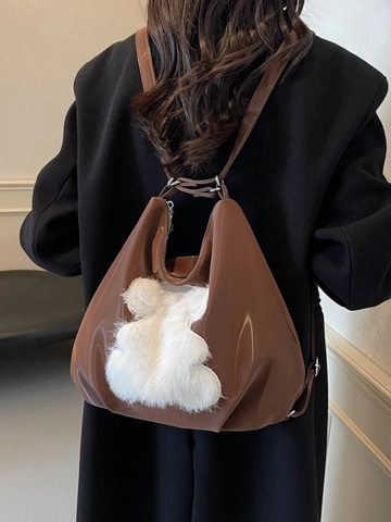Women Large Capacity PU Leather Multi-Way Backpack Fashion Shoulder Bag With Plush Animal Patch Casual Tote Crossbody Handbag
