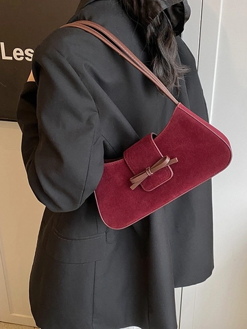 Borsa Sottobraccio Donna Vintage con Fiocco PU Opaco Effetto Scamosciato Borsa a Spalla Minimalista Elegante Tinta Unita