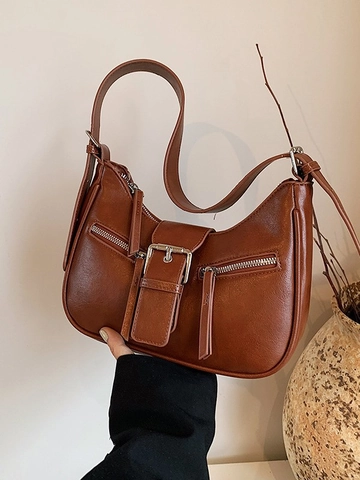 Vintage PU Δερμάτινη Τσάντα Μασχάλης Hobo για Γυναίκες Μονόχρωμη Τσάντα Ώμου Με Αγκράφα Και Διπλό Φερμουάρ Casual Καθημερινή Τσάντα