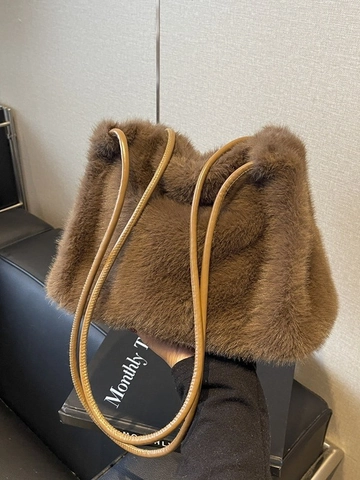 Women Fashion Faux Fur Underarm Bag Soft Plush Shoulder Bag Versatile Winter Commute Tote Handbag With Double Straps Solid Color