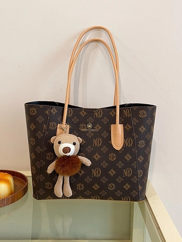 Dames Vintage PU-Lederen Tote Tas En Pouch Met Monogram Grote Capaciteit Met Teddybeer-hanger Voor Dagelijkse Stijl