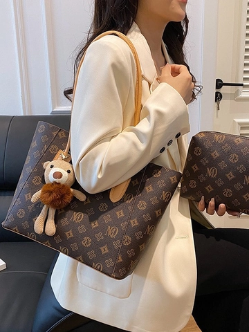 Dames Vintage PU-Lederen Tote Tas En Pouch Met Monogram Grote Capaciteit Met Teddybeer-hanger Voor Dagelijkse Stijl
