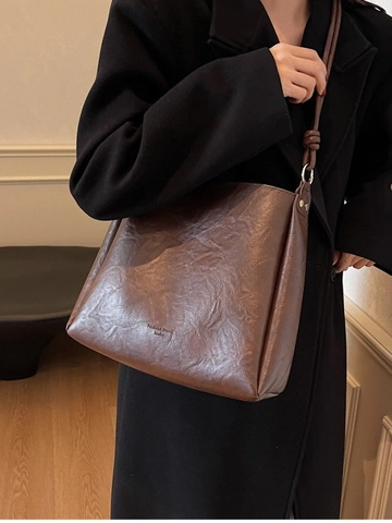 Grande Capacità Vintage Borsa a Secchiello in Pelle PU per Donna Retrò Olio Cera Texture Spalla Tracolla Con Nodo Arredo Quotidiano