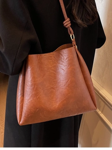 Grande Capacità Vintage Borsa a Secchiello in Pelle PU per Donna Retrò Olio Cera Texture Spalla Tracolla Con Nodo Arredo Quotidiano