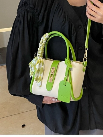 Bolso De Cubo Con Bloques De Color Retro De Moda Bolso De Mano De Cuero PU Con Pañuelo De Seda Bandolera Para Uso Diario