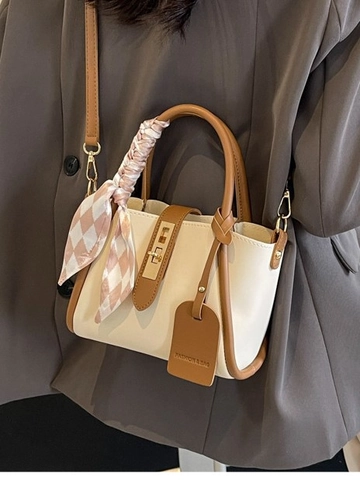 Bolso De Cubo Con Bloques De Color Retro De Moda Bolso De Mano De Cuero PU Con Pañuelo De Seda Bandolera Para Uso Diario