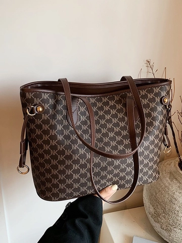 Large Capacity Women Monogram Tote Bag Vintage PU Leather Shoulder Bag Fashion Commuter Handbag With Gold Metal Hardware