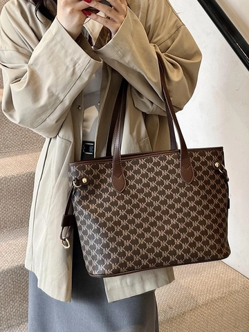 Large Capacity Women Monogram Tote Bag Vintage PU Leather Shoulder Bag Fashion Commuter Handbag With Gold Metal Hardware