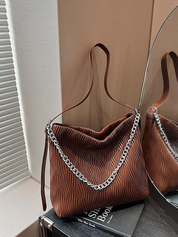 Borsa a Tracolla Pieghettata di Grande Capacità alla Moda per Donna Borsa Tote in Pelle PU con Catena Argento Borsa a Secchiello