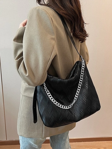 Borsa a Tracolla Pieghettata di Grande Capacità alla Moda per Donna Borsa Tote in Pelle PU con Catena Argento Borsa a Secchiello
