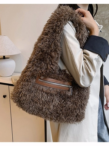 Bolso Tote de Felpa de Gran Capacidad para Mujer Otoño Invierno Color Sólido Piel Sintética Bolso de Hombro con Bolsillo Frontal