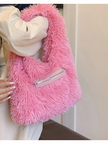 Bolso Tote de Felpa de Gran Capacidad para Mujer Otoño Invierno Color Sólido Piel Sintética Bolso de Hombro con Bolsillo Frontal