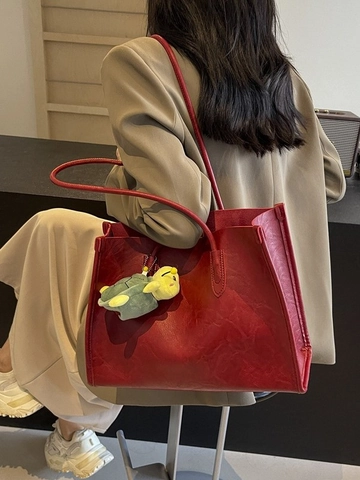 Borsa Tote Grande Capacità in Pelle PU Vintage per Donna Moda Versatile Borsa a Tracolla Con Simpatico Pendaglio Tartaruga Peluche