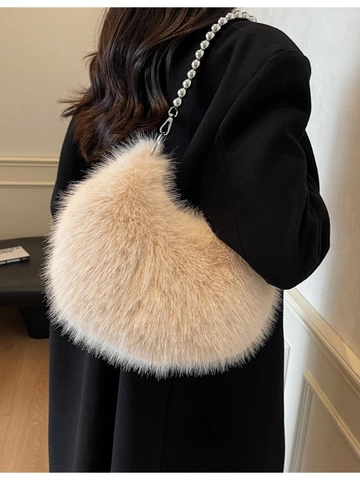 Sac à Épaule en Peluche Fausse Fourrure Avec Chaîne à Billes en Métal Tendance Croissant Sac à Main Femme Hiver Mode