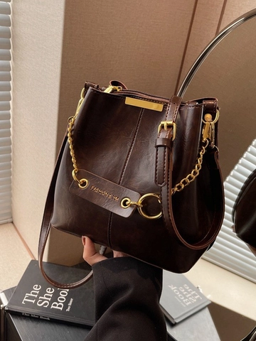 Damen Retro PU Leder Eimertasche Minimalistische Umhängetasche Mit Goldkette Ziernaht Mode Täglich Messenger Bag