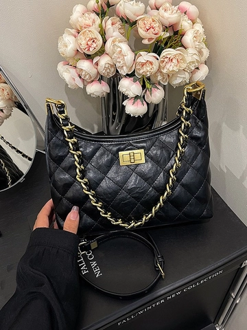 Borsa a Tracolla da Donna in Pelle PU Trapuntata Nera Catena Oro Borsa Sottoscella Dumpling Bag Borsa a Spalla per Appuntamenti
