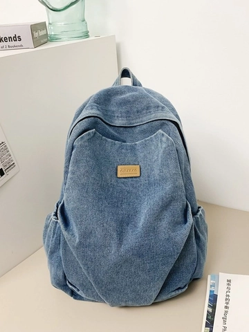Vintage Washed Denim Backpack For Women Large Capacity School Bag Casual Travel Rucksack With Leather Patch Retro Knapsack