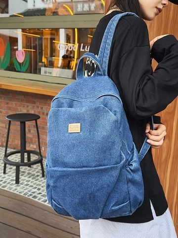 Vintage Washed Denim Backpack For Women Large Capacity School Bag Casual Travel Rucksack With Leather Patch Retro Knapsack