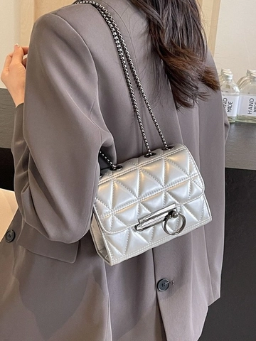 Damen Gesteppte Umhängetasche Rautenmuster Kleines Quadrat PU Leder Kettengurt Modern Schicke Schultertasche Mit Ringschnalle