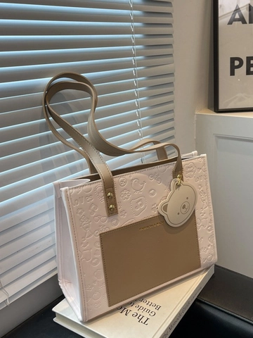 Damen Große Kapazität PU Leder Tragetasche Mode Geprägt Cartoon Bärenanhänger Farblock Pendler Umhängetasche Handtasche