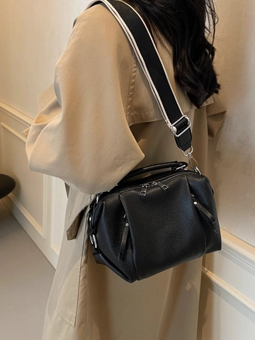 Borsa a Tracolla in Pelle PU a Grana Litchi Donna Borsa Boston a Cuscino Versatile Con Tracolla in Tessuto Larga Ferramenta Argento