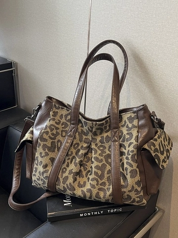 Grand Sac Fourre-tout Vintage Imprimé Léopard pour Femmes Mode Toile Patchwork Cuir PU Sac à Bandoulière pour Navettage Quotidien