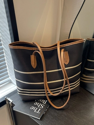 Damen Gestreifte Canvas Draagtas Mit Kunstlederbesatz Französischer Vintage Stil Umhängetasche Für Den Täglichen Arbeitsweg