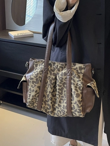 Grand Sac Fourre-tout Vintage Imprimé Léopard pour Femmes Mode Toile Patchwork Cuir PU Sac à Bandoulière pour Navettage Quotidien