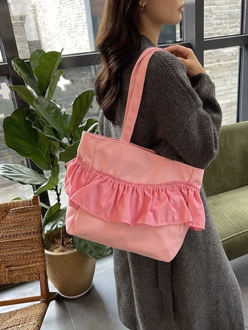 Large Capacity Nylon Ruffle Tote Bag Pleated Shoulder Bag For Women Casual Commuting Fashion Solid Color Handbag
