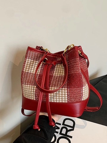 Vintage Τσάντα Bucket Καρό Ππιέ ντε πουλ Για Γυναίκες Μόδα Patchwork PU Δέρμα Τσάντα Χιαστί Με Κορδόνι Χρυσό Hardware