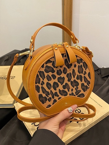 Mode Damen Leopardenmuster Runde Umhängetasche PU Leder Spleißen Henkeltasche Vintage Handtasche Täglich Party
