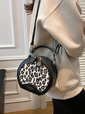 Mode Damen Leopardenmuster Runde Umhängetasche PU Leder Spleißen Henkeltasche Vintage Handtasche Täglich Party